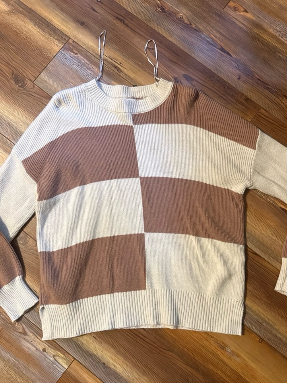 Jessica Simpson Cream and Brown Checkerblock Crewneck Sweater